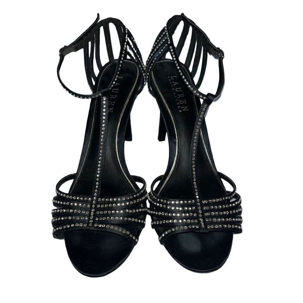 Lauren Ralph Lauren Black Satin Rhinestone T-Strap Cage Back Evening Heels 8‎